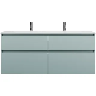 burgbad Lin20 Mineralguss-Waschtisch Weiß Glänzend mit 2 Armaturbohrungen inklusive Waschtischunterschrank, 4 Auszüge parallel, 1420x495x612mm, SGIW142F5395C0001, Farbe: Eisblau Matt / Rückwand