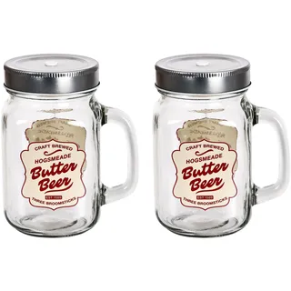 Elbenwald Gläser Set im Butterbier-Design für Harry Potter Fans 2 teilig 400 ml mit Deckel in Geschenkverpackung
