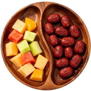 Dekoschale Salatschüssel aus Akazienholz Holzschale 2 Fächer L 26cm | Obstschale Holz Längliches Deko Brett Serviertablett Tischdekoration Holzablage Schlüssel Schale für Obst Salate Dip