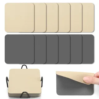 Myir JUN Untersetzer Gläser 12er Viereckige Glas Untersetzer Set 10cm Doppelseitige Untersetzer Teller Wasserfeste rutschfeste Untersetzer mit Untersetzerhaltern(Grau Weizengelb)