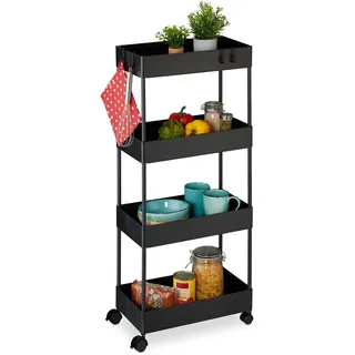Relaxdays Rollwagen, 4 Ebenen, H x B xT: 93 x 40 x 22 cm, 4 Rollen, Badezimmer, Küche, schmaler Beistellwagen, schwarz , Kunststoff, Metall , 40x93x22 , Esszimmer, Servierwagen