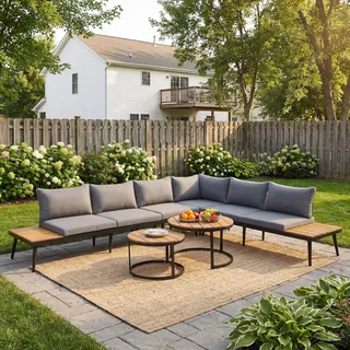 Flieks Gartenlounge Set 6-Sitzer, Balkonmöbel set Gartenmöbel Set für 6 personen, Lounge Gartenmöbel mit Tisch und Kissen, Terrassenmöbel Loungemöbel Aluminium Sitzgruppe - Grau
