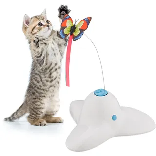 Relaxdays Katzenspielzeug mit Schmetterling, HxBxT: 33,5 x 20,5 x 18 cm, interaktive Katzenspiele, Katzenkarussell, weiß