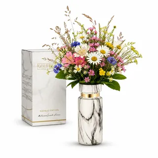 Goldthal® Premium Vase aus Keramik im Boho Style für Blumen, Pampasgras,Trockenblume, H22cm - weiße Marmor-Optik schlicht & modern -Deko-Elementen -mit Silberring