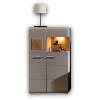 Stella Trading FUN PLUS 2 Kleine Vitrine in Basalt mit schönen Hirnholz-Applikationen - Glasvitrine inkl. LED-Beleuchtung - 80 x 139 x 37 cm (B/H/T)