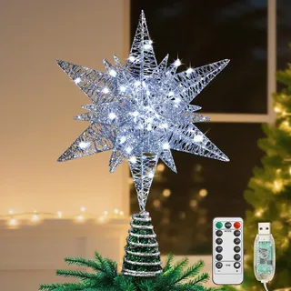 Lewondr Weihnachtsbaum Spitze Stern, 3D Sechseckig LED Lampe Weihnachtsstern Baumspitze mit Timer & 8 Lichtmodi, USB-betrieben Fernbedienung Weihnachtsdeko Beleuchtung Weihnachtsbaum Stern, Silber