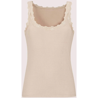 Trägertop MADELEINE "Spitzentop Ärmelloses Sommer-Top mit edler Spitze", Damen, Gr. 34, beige (berber), Obermaterial: 46% Baumwolle CO. 46% Modal CMD. 8% Elasthan EL., Modern, normal, Tops Trägertop, Spitzenborte am Ausschnitt und Armabschluß