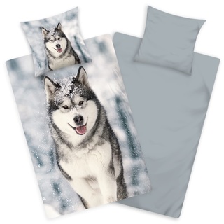 Aminata kids Biber Bettwäsche 135x200 Kinder Hund Husky Hunde-Tier-Motiv Baumwolle Reißverschluss, Kinder-Flanell-Biber-Bettwäsche Winter-Motiv, warm & kuschelig Wolf weiß Winterlandschaft