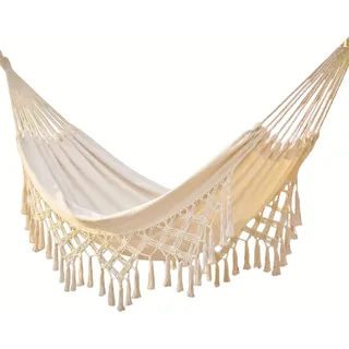 Hängematte für Hause drinnen und draußen Boho Hängematten Makramee DoppelHängematte groß Baumwolle weich für Zwei Personen Terrasse Hinterhof Veranda Rasen und Garten (Weiß,200 cm x 150 cm,200 kg)