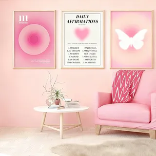 HARY Poster Aesthetic 20x30cm Bilder Aesthetic 3er Set Pink Verlauf Schmetterlinge Deko Aesthetic für Mädchenzimmer