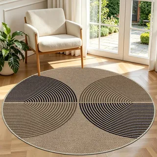 Capslpad Teppich Rund 120cm, Jute Aussehen Outdoor Teppich Wetterfest, Waschbar rutschfest Natürlich Teppiche für Wohnzimmer, Balkon, Terrasse, Küche, Garten, Farbe:Schwarz Braun