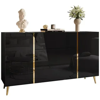 Lukmebel Kommode Onyx Auf Goldenen Beinen Hochglanz Elegantes & Modernes Design Versteckte Ablagen Leicht Zu Reinigen Abrieb- Und Kratzfest Laminierte Platte 158x413x88 cm Schwarz