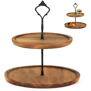 EVDZNA Tortenständer aus Holz, 2 Stöckig Etagere Tortenständer aus Holz, Kuchenständer Halter mit Metallgriff Cupcake Ständer, Snack Display Teller, Für Geburtstag, Nachmittagstee, Hochzeit, Partei