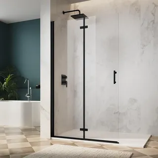 SONNI Schwarzes Duschabtrennung 90x195cm Pendeltür Falttür Eckdusche 6mm NANO Klarglas Drehfalttür Eckeinstieg Bad - Schwarz