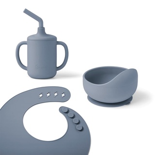 Ergobaby Kindergeschirr-Set Basic für Babys und Kleinkinder ab 6 Monaten, Baby Geschirrset mit Becher, Schale und Lätzchen, ohne BPA, PVC und Phthalaten, Soft Blue