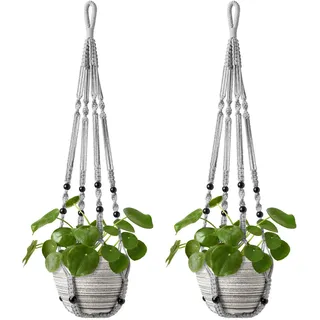 Mkouo Makramee Pflanzenhänger Blumenampel Außen Innen Hängender Blumentöpfe mit Holzperlen Keine Quasten Boho Balkon Deko 89cm, Grey, 2-Pack