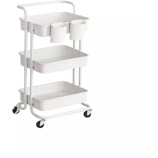In And OutdoorMatch Servierwagen Eloisa - 3 Ebenen - Servierwagen - Küchenwagen - mit Griff - 2 kleine Hängefächer - 2 Bremsen - Aufbewahrungsfächer aus Kunststoff - Weiß - Weiß