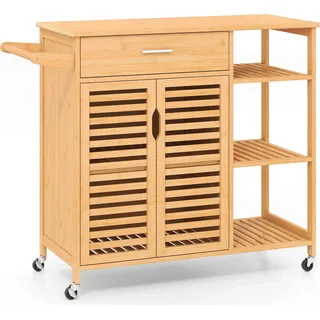 COSTWAY Küchenwagen Bambus, Küchenschrank, Rollwagen mit Schublade, offenen Regalen, Handtuchhalter, 2 Lattentüren & Rollen 104x40x89cm Natur - Naturbelassen