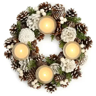 COM-FOUR® Tischkranz für Weihnachten - weißer Adventskranz mit Zapfen - Dekokranz mit 4 Teelichthaltern - Weihnachtskranz mit Kerzenhalter (Adventskranz L)