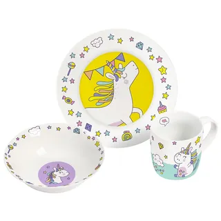 Geda Labels (INFKH) Kindergeschirr-Set Einhorn Doodle 3-teilig, Weiß mit bunten Doodles, Cartoon-Muster, 3 Stück