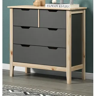 Kommode "Latera" Massivholz grau lackiert Wohn- und Esszimmer Möbel mit 4 Schubladen 78 x 79 cm - Grau, Naturbelassen