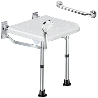 Duschsitz Klappbar Wandmontage Hohenverstellbar Duschstuhl Duschklappsitz mit Armlehnen, Badestuhl Duschhocker Badhocker Wandklappstuhl bis 400LBS Duschhocker für Senioren, Erwachsene