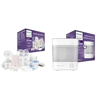 Philips Avent Elektrische Milchpumpe, Geschenkset – Einzelmilchpumpe, Babyflasche, Mehrwegbecher für Muttermilch, Schnuller, BPA-frei (Modell SCD340/31) & Avent Sterilisator (Modell SCF291/00)