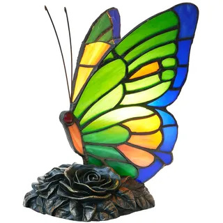 NUODITOS Nachttischlampe Tiffany Stil Blau Grün Schmetterling Nachttischlampe Kleine Glasmalerei Lampe für Schlafzimmer Wohnzimmer Home Office