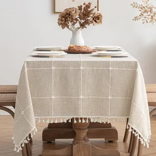 MIULEE Tischdecke 140x220cm Beige kariert Leinenoptik Tischdecke Abwaschbar Table Cloth Boho Tischdecke Quadratisch für Küchentisch und Outdoor Tischtuch