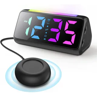Netzu Wecker Digital für Tiefschläfer, Lauter Wecker mit Vibration, Nachtlicht, Bunte Anzeige, DST, USB-Ladeanschluss, Batterie-Backup, Vibrationswecker für Gehörlose Schlafzimmer Nachttisch
