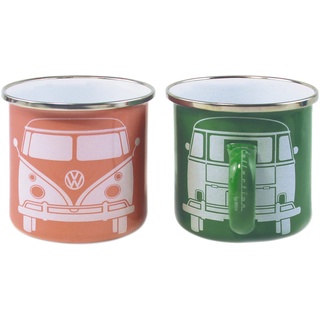 BRISA VW Collection - Volkswagen 2er Set Emaille Kaffee-Tee-Cappuccino-Tasse-Becher-Haferl Mug für Camping & Outdoor T1 Bus (350 ml x2/Grün & Rosa)