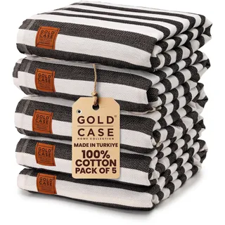 Gold CASE - 5 Stück XXL 178 x 99 cm – Original Smyrna türkisches Badetuch – 100% natürliche Baumwolle extra weich, schnell trocknend, Vintage Pestemal für Bad, Strand, Yacht, Überwurf (schwarz)