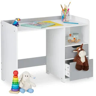 Relaxdays Schreibtisch Kinder, 80 x 60 cm, 2 Schubladen, offenes Fach, Tischrand, Kinderschreibtisch, weiß/grau