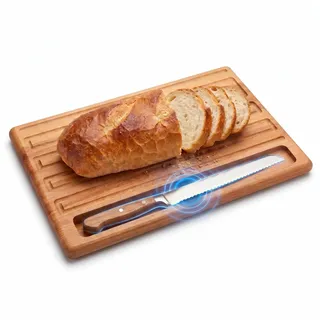 Brotschneidebrett mit magnetischem Messerhalter und Krümelrillen 39 x 26 cm | 39 x 26 cm, Ohne Messer, Gefräste Krümelrillen, Magnetischer Messerplatz, Massive Holzfläche, Vielseitig zum Schneiden