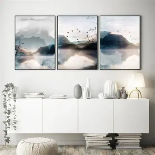 Herfair Bilder Wohnzimmer, 3er Poster Set Landschaft Wandbilder Abstrakt Berg Wasser Aesthetic Kunstdruck Leinwandbild, Ohne Rahmen Wanddeko Poster Schlafzimmer (30 x 40 cm)