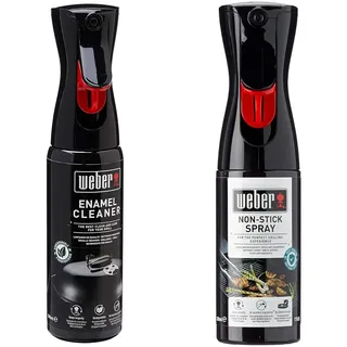 Weber 17684 Emaille-Reiniger, Reinigung lackierter Oberflächen, 300 ml, 25.0 x 6.0 x 9.0 cm & 17685 Antihaft Spray, Grillrost-Pflege, Non-Stick Spray, 200 ml, Schwarz, 25.0 x 6.0 x 9.0 cm