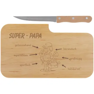 LASERHELD | Brotzeitbrett Holz mit Gravur “Super-Papa” & Messer | 26 x 15 cm | Frühstücksbrettchen Holz Schneidebrett Jausenbrett | Geschenk für Männer Papa Vatertag
