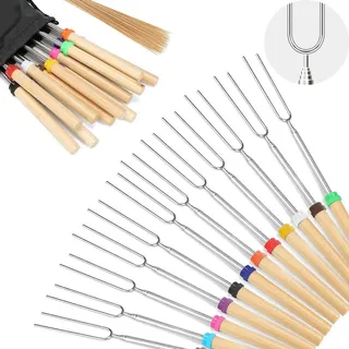 xutog 12 Stücke Grillspieße Edelstahl Marshmallow BBQ Roasting Sticks,31cm - 81cm Teleskop Grillspieß Bratstäbchen mit Holzgriff Lagerfeuerspieße Hot-Dog Gabeln für Camping Grill (bunte Packung von)