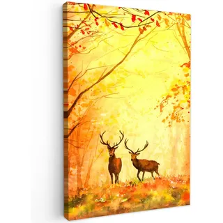 MuchoWow Leinwandbild Natur - Ölfarbe - Hirsche - Tiere - Herbst - Orange Deko Groß 90x140 cm , Textil , Kiefer , Rechteckig , 90x140 cm , FSC 100% , gerahmt , Bilder & Rahmen, Bilder, Leinwandbilder