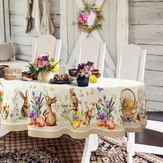 Yighty Ovale Oster-Tischdecke, 152,4 x 253,9 cm, Frühlingsblumen- und Hasen-Ostereier, Aquarell-Tischdecke, wasserdicht, knitterfrei, für Urlaub, Küche, Esszimmer, Frühling, Ostern