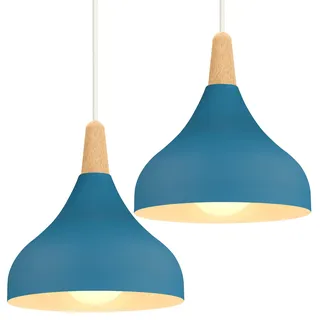 iDEGU 2 Stücke 20cm Hängelampe Retro E27 Hängeleuchte Moderne Tropfenförmig Hut Deckenleuchte aus Metall Holz Pendelleuchte für Schlafzimmer Esszimmer Küche (Oxford-blau)