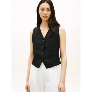 Anzugweste TOMMY HILFIGER "NEW ESS LINEN VEST", Damen, Gr. 40, schwarz, Web, Obermaterial: 76% Leinen, 24% Lyocell, unifarben, regular fit normal, V-Ausschnitt, Westen Anzugweste, mit Logo-Stickerei