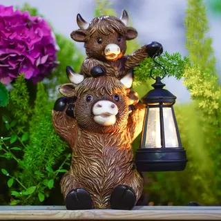 Yeomoo Hochlandrind Skulptur mit Solarlampen für Außen Gartendeko - Lustig Highland Cow Muttertier & Kalb Gartenfigur Solar Deko - Kuh Geschenke für Frauen Mama Männer Wetterfeste Balkon Zimmer Deko