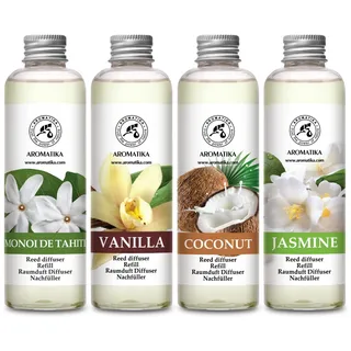 Raumduft Nachfüllflasche Monoi de Tahiti & Kokos & Vanille & Jasmin 4x200 ml - Raumerfrischer - Frischer und Langanhaltender Raumduft - Aroma Diffuser - Aromatherapie - Reed Diffuser Refill
