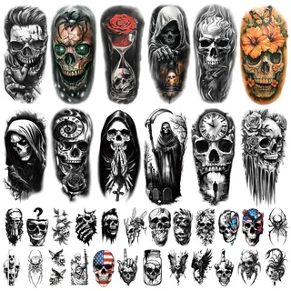 Temporäre Tattoos 77 Blatt Skelett Totenkopf für Frauen Männer, 17 groß für Halbarm mit Blume Spinne Eule, 60 kleine schwarze gruselige Halloween Cosplay Sticker für Erwachsene Kinder Detailliert