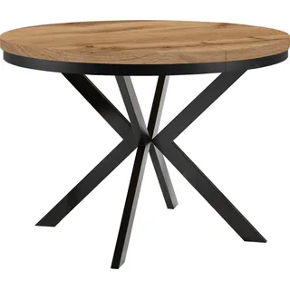 Esstisch rund Ausziehbar, ENDIK Durchmesser: 100/200 cm, mit Ring-Gestell und Metallbeinen, Loft-Stil, Industriel, Farbe: Eiche Wotan / Schwarz - Braun, Schwarz