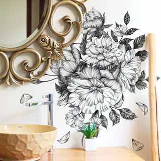 WandSticker4U® - Wandtattoo BLUMEN SCHWARZ WEISS I Wandbilder: 69 x 76 cm I Pflanzen gezeichnet Vintage Ranke I Wand Aufkleber Schlafzimmer Badezimmer Deko Kinderzimmer Küche Bad Flur Möbel