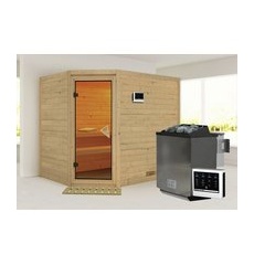 KARIBU Sauna »Kärdla«, inkl. 9 kW Bio-Kombi-Saunaofen mit externer Steuerung, für 4 Personen - beige