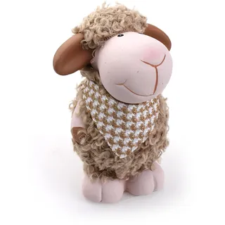 TEMPELWELT® Deko Figur Schäfchen Schaf mit Halstuch 13 cm, Ton mit Kunstfell braun weiß, Lämmchen Wollschaf Dekofigur Tierfigur für Frühling Ostern Sommer