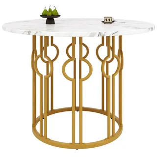 Redom Esstisch 100/100/76 cm mit verstellbaren Füßen und marmorierter MDF-Tischplatte, Weiß/Goldfarben , Holzwerkstoff , 100x76x100 cm , Esszimmer, Esstische